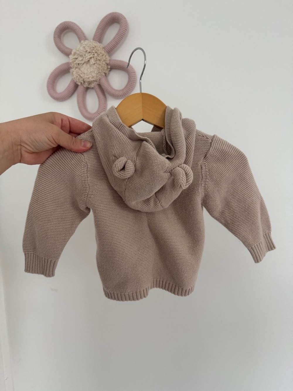 H&M Gender Neutral Baby Bear Ear Taupe Knit Hooded Baby Cardigan